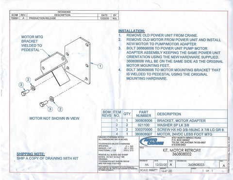 Auto Crane 360808006 BRACKET, MOTOR ADAPTER