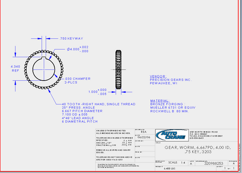 Auto Crane 320988253 GEAR, WORM, 6.667PD, 4.00 ID, .75 KEY, 3203,
