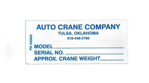 Auto Crane 330622 Serial Number Decal