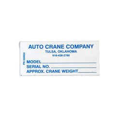 Auto Crane 330622 Serial Number Decal